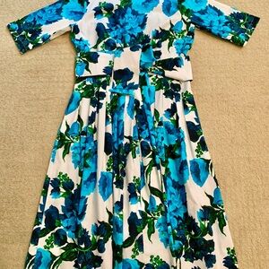 SAMANTHA SUNG Blue and Green Fit and Flare Dress with Long Belt
